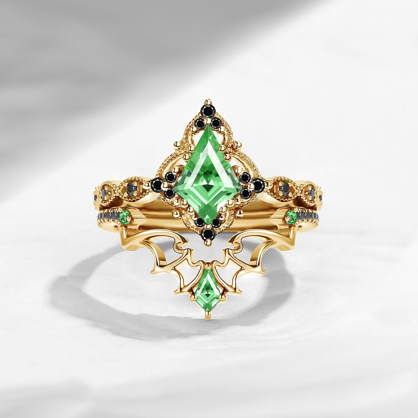 Gothic Inspired 'Dark Romance' Kite Cut Lab Tsavorite Black Gold Engagement Ring Set 2pcs