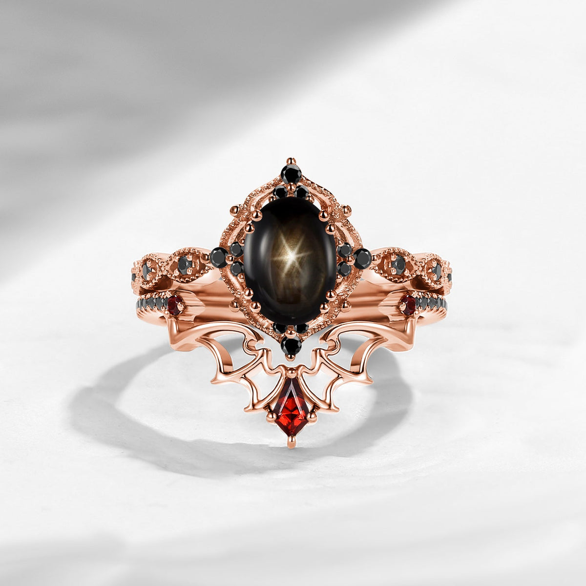 Gothic Bat Inspired Oval Natural Black Star Sapphire Black Gold Engagement Ring Set 2pcs - 'Dark Romance'