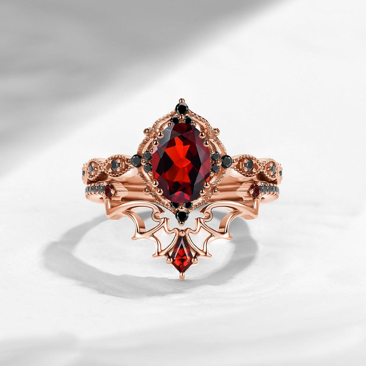 Gothic Inspired 'Dark Romance' Oval Cut Garnet Black Gold Engagement Ring Set 2pcs