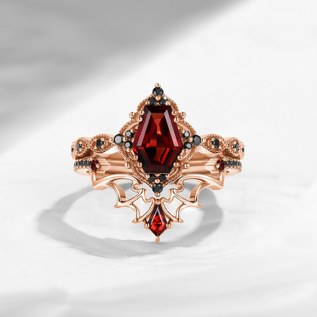 'Dark Romance' - Gothic Coffin Cut Garnet Engagement Ring Set with Bat Wings in Black Gold - Bat Ring