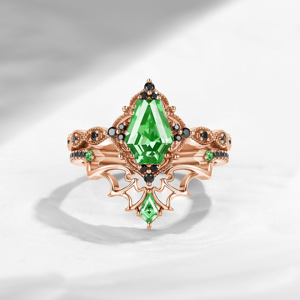 'Dark Romance' - Gothic Coffin Cut Lab Tsavorite Engagement Ring Set with Bat Wings in Black Gold - Bat Ring