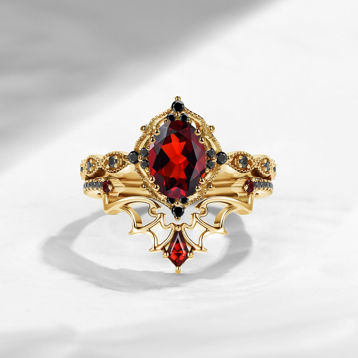 Gothic Inspired 'Dark Romance' Oval Cut Garnet Black Gold Engagement Ring Set 2pcs