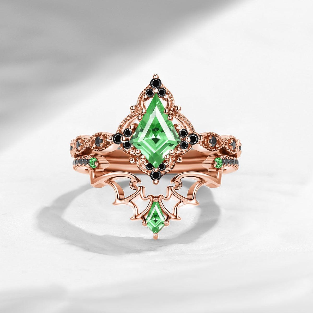 Gothic Inspired 'Dark Romance' Kite Cut Lab Tsavorite Black Gold Engagement Ring Set 2pcs