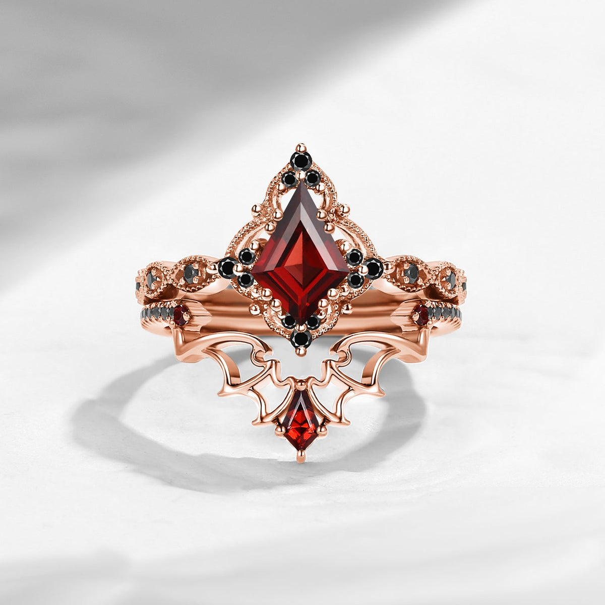 Gothic Inspired 'Dark Romance' Kite Cut Garnet Black Gold Engagement Ring Set 2pcs