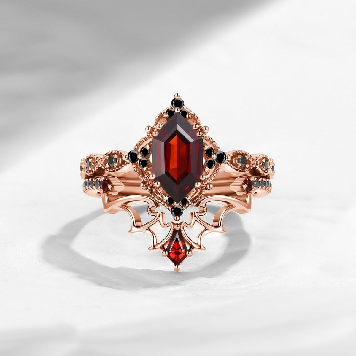Gothic Inspired 'Dark Romance' Long Hexagon Cut Garnet Black Gold Engagement Ring Set 2pcs
