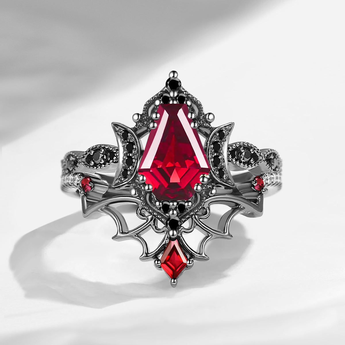 Crescent Moon | Vintage Inspired Coffin Cut Garnet Black Gold Engagement Ring Set 2pcs