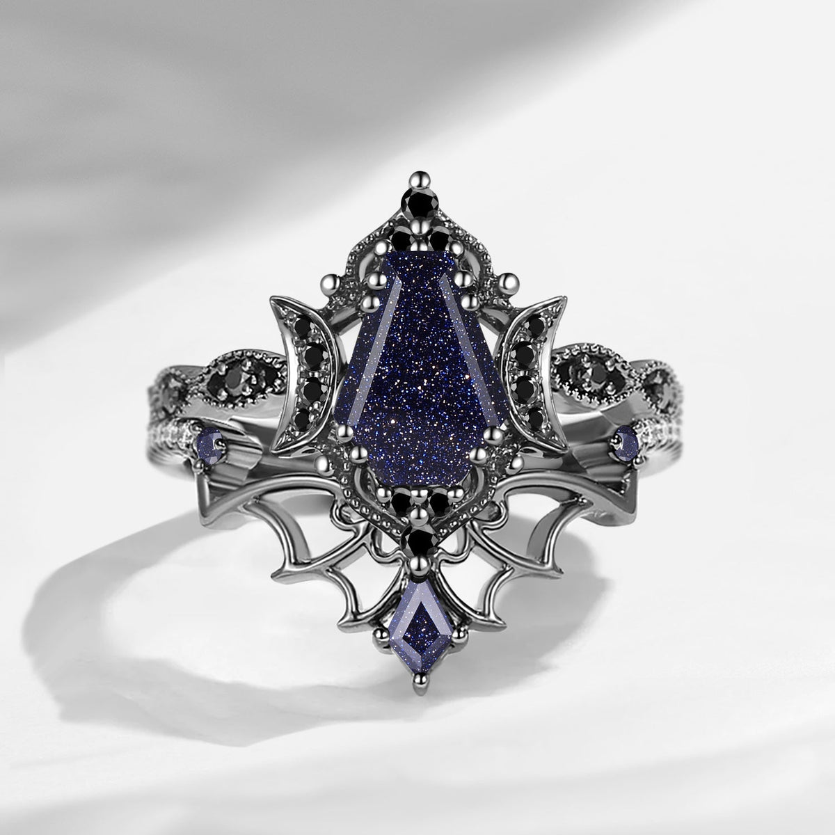 Crescent Moon | Vintage Inspired Coffin Cut Garnet Black Gold Engagement Ring Set 2pcs