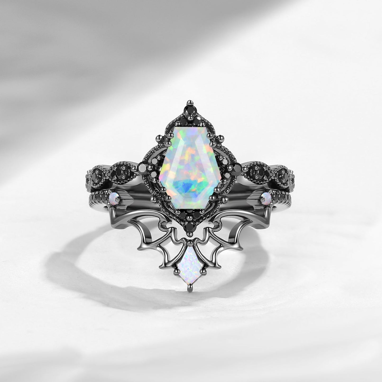 Gothic Inspired 'Dark Romance' Coffin Shaped Moss Agate Black Gold Engagement Ring Set 2pcs