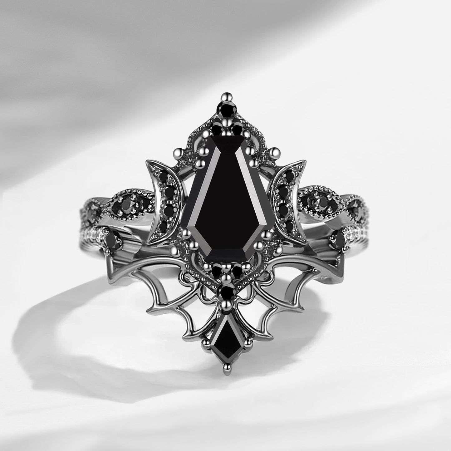 Crescent Moon | Vintage Inspired Coffin Cut Garnet Black Gold Engagement Ring Set 2pcs
