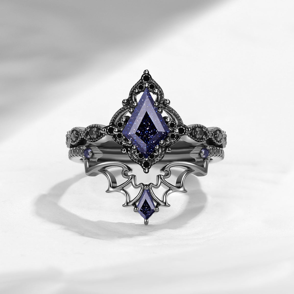 Gothic Inspired 'Dark Romance' Kite Cut Lab Tsavorite Black Gold Engagement Ring Set 2pcs