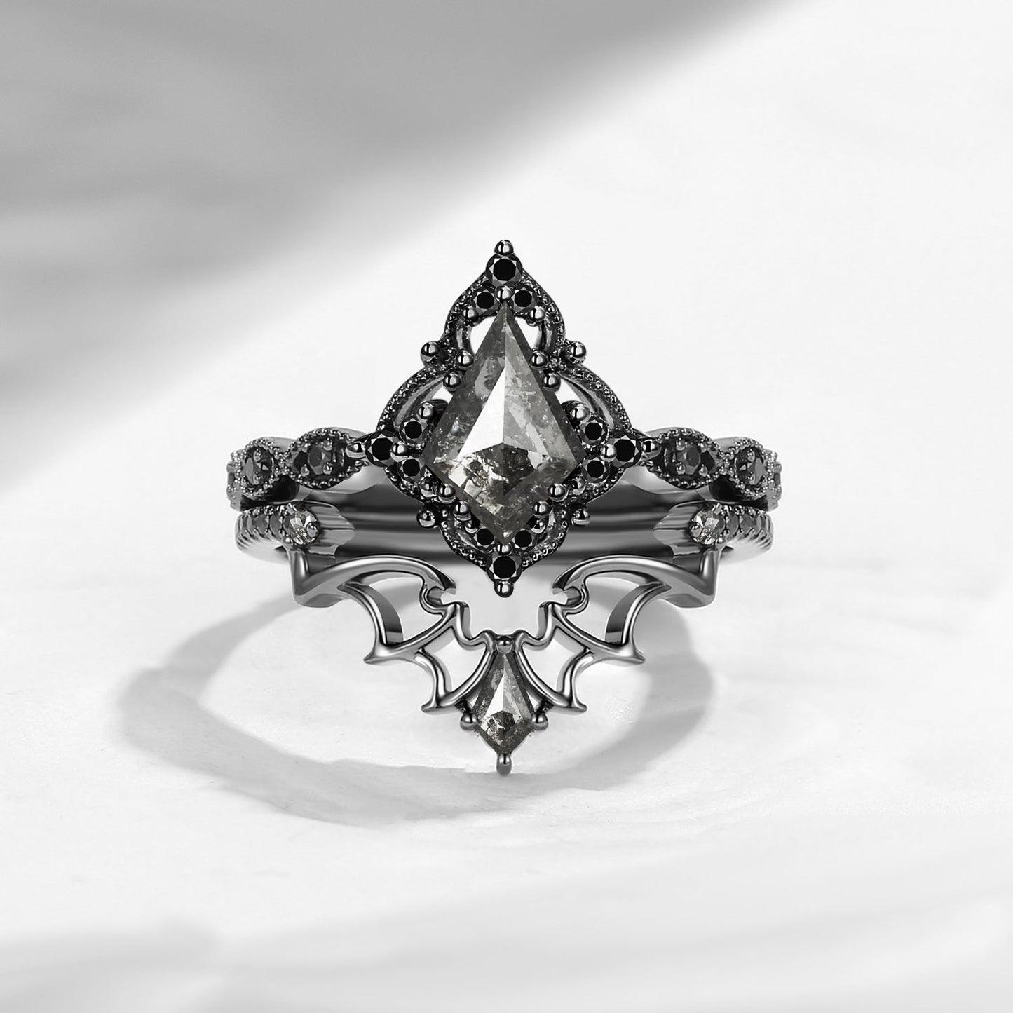 Gothic Inspired 'Dark Romance' Kite Cut Garnet Black Gold Engagement Ring Set 2pcs