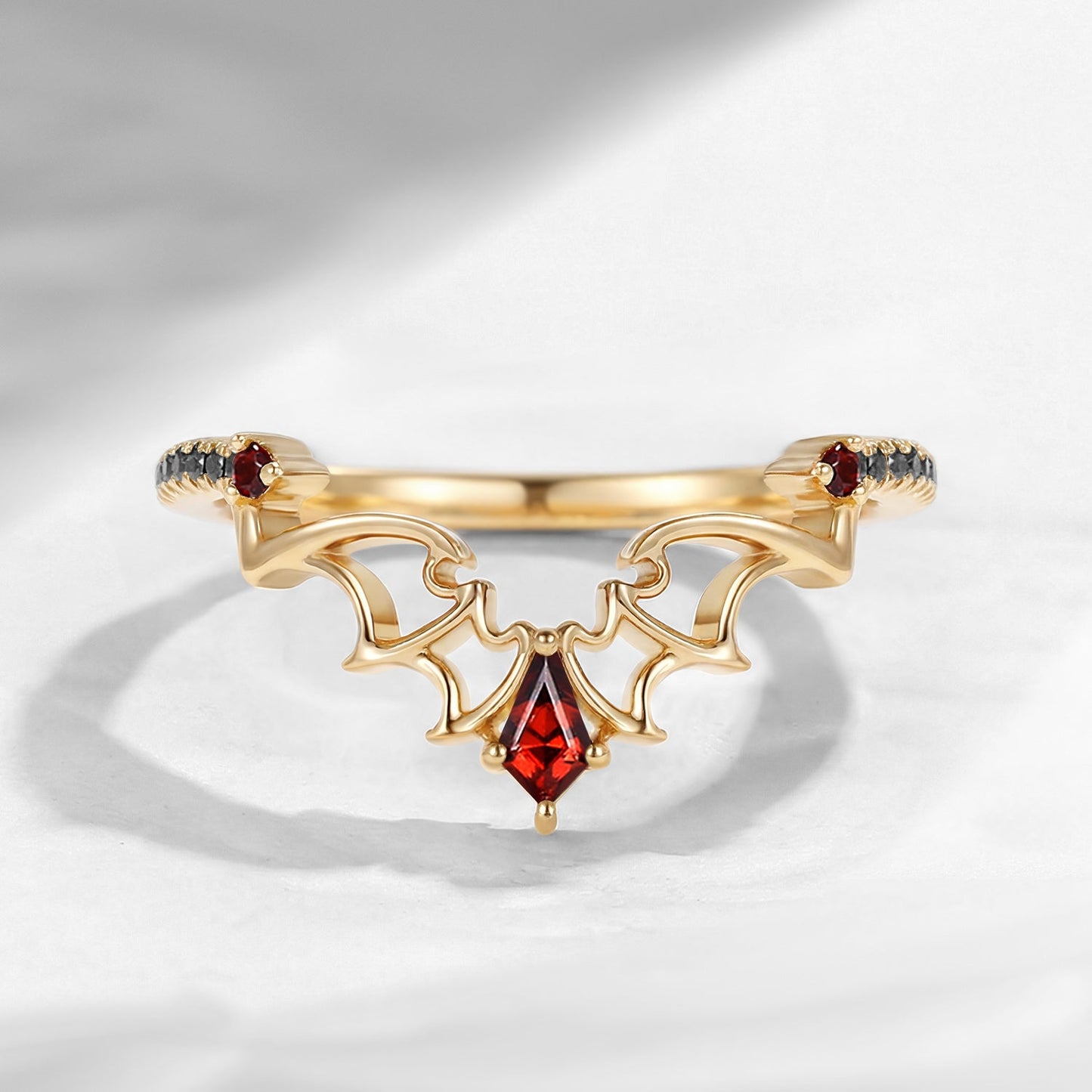 Gothic Bat Inspired Kite Cut Garnet Bat Wing Curved Wedding Ring - Dark Romance