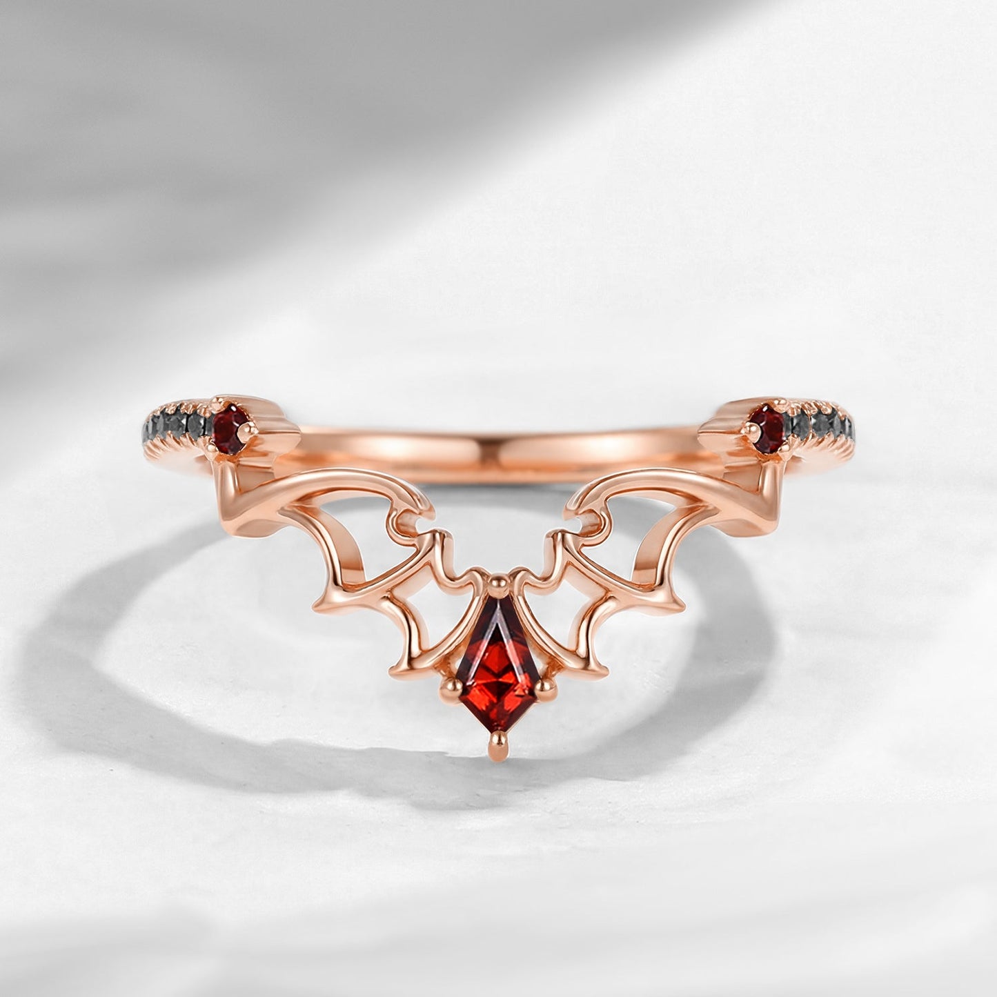 Gothic Bat Inspired Kite Cut Garnet Bat Wing Curved Wedding Ring - Dark Romance
