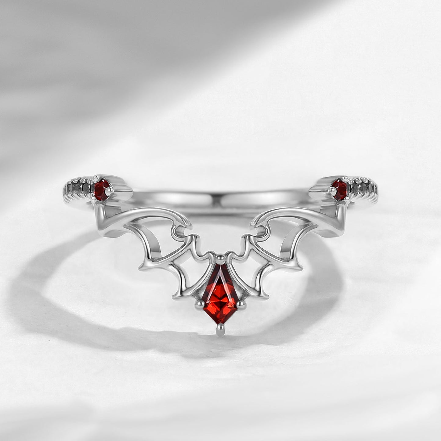 Gothic Bat Inspired Kite Cut Garnet Bat Wing Curved Wedding Ring - Dark Romance