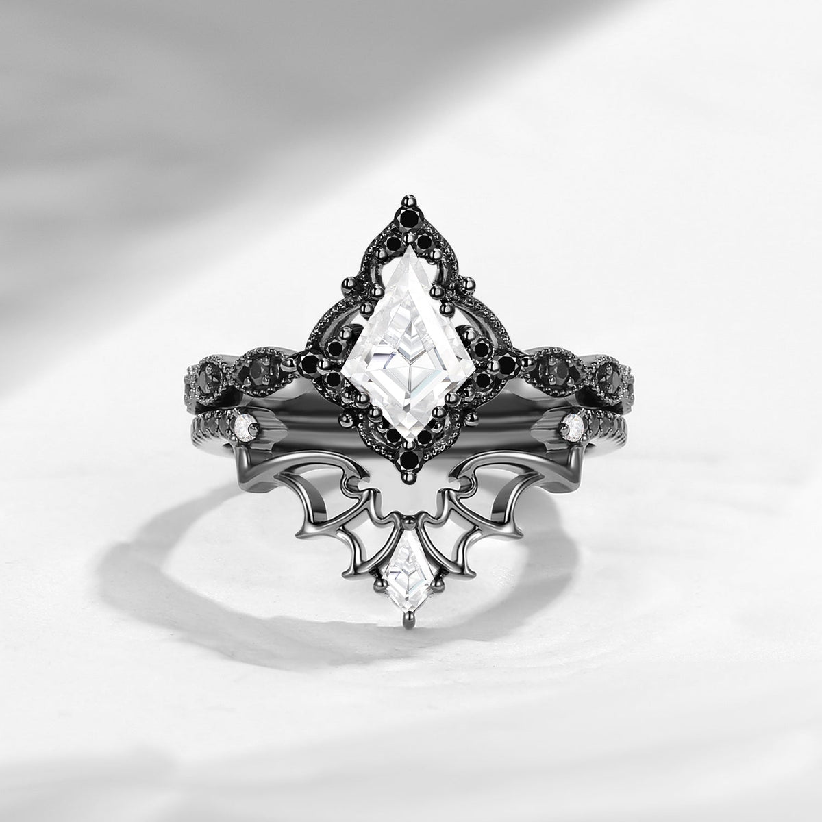 Gothic Inspired 'Dark Romance' Kite Cut Garnet Black Gold Engagement Ring Set 2pcs