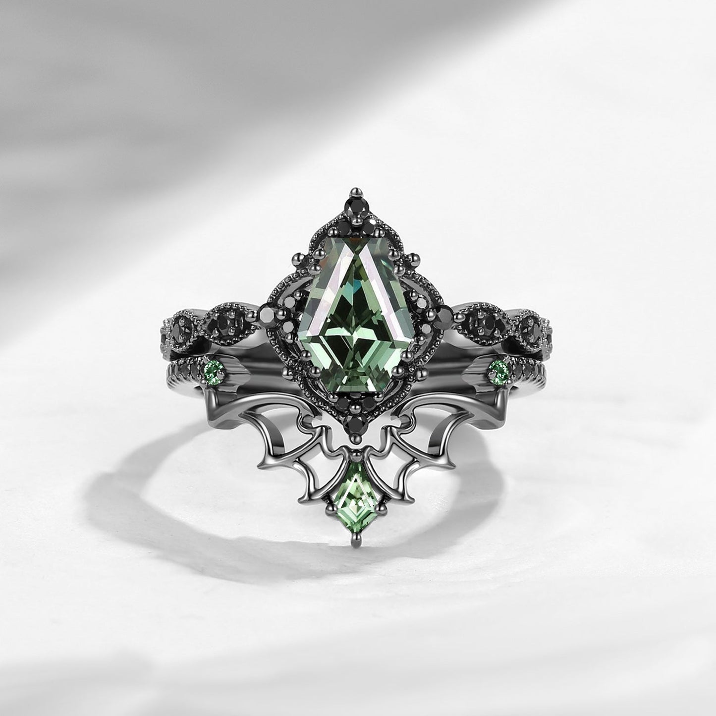 'Dark Romance' - Gothic Coffin Cut Garnet Engagement Ring Set with Bat Wings in Black Gold - Bat Ring