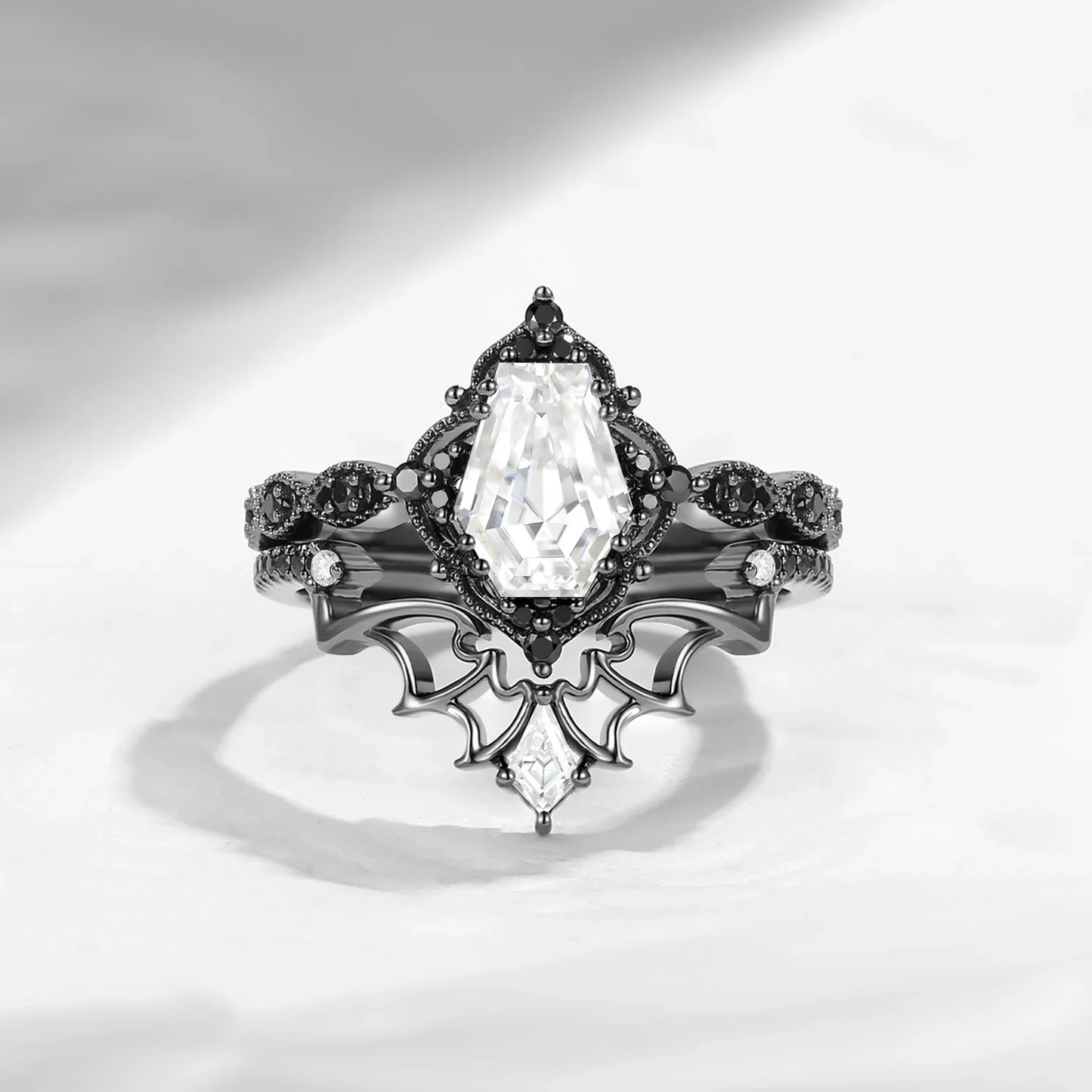 'Dark Romance' - Gothic Coffin Cut Garnet Engagement Ring Set with Bat Wings in Black Gold - Bat Ring