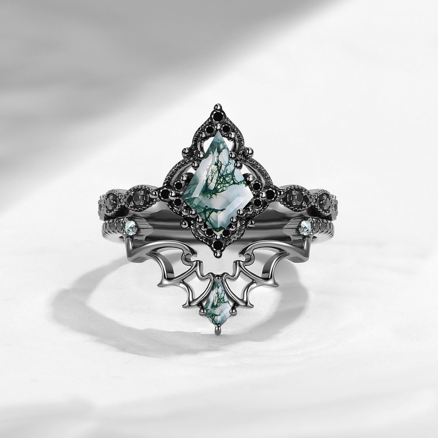 Gothic Inspired 'Dark Romance' Kite Cut Lab Tsavorite Black Gold Engagement Ring Set 2pcs