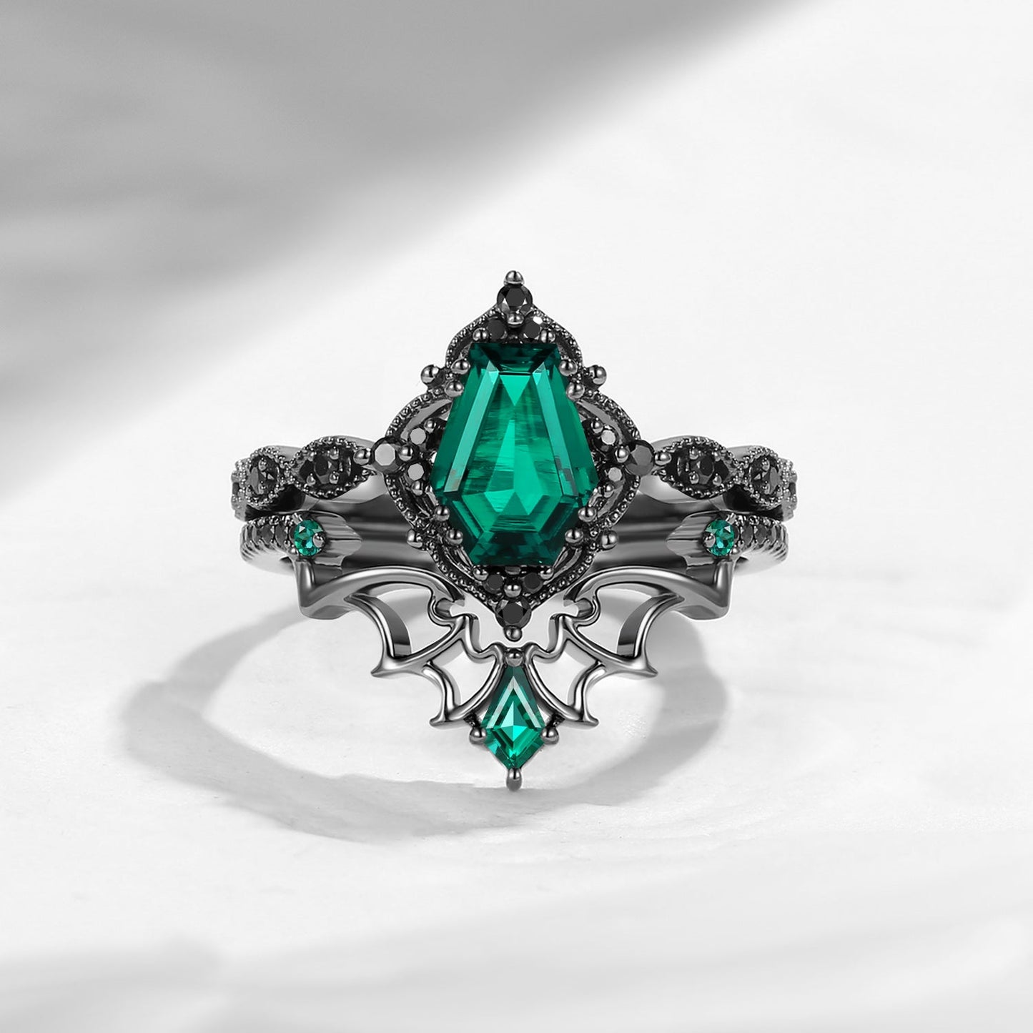 'Dark Romance' - Gothic Coffin Cut Garnet Engagement Ring Set with Bat Wings in Black Gold - Bat Ring