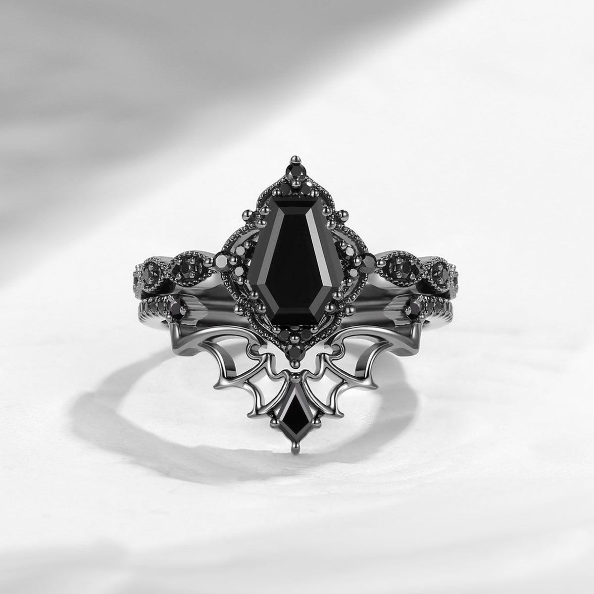 Gothic Inspired 'Dark Romance' Coffin Shaped Moss Agate Black Gold Engagement Ring Set 2pcs