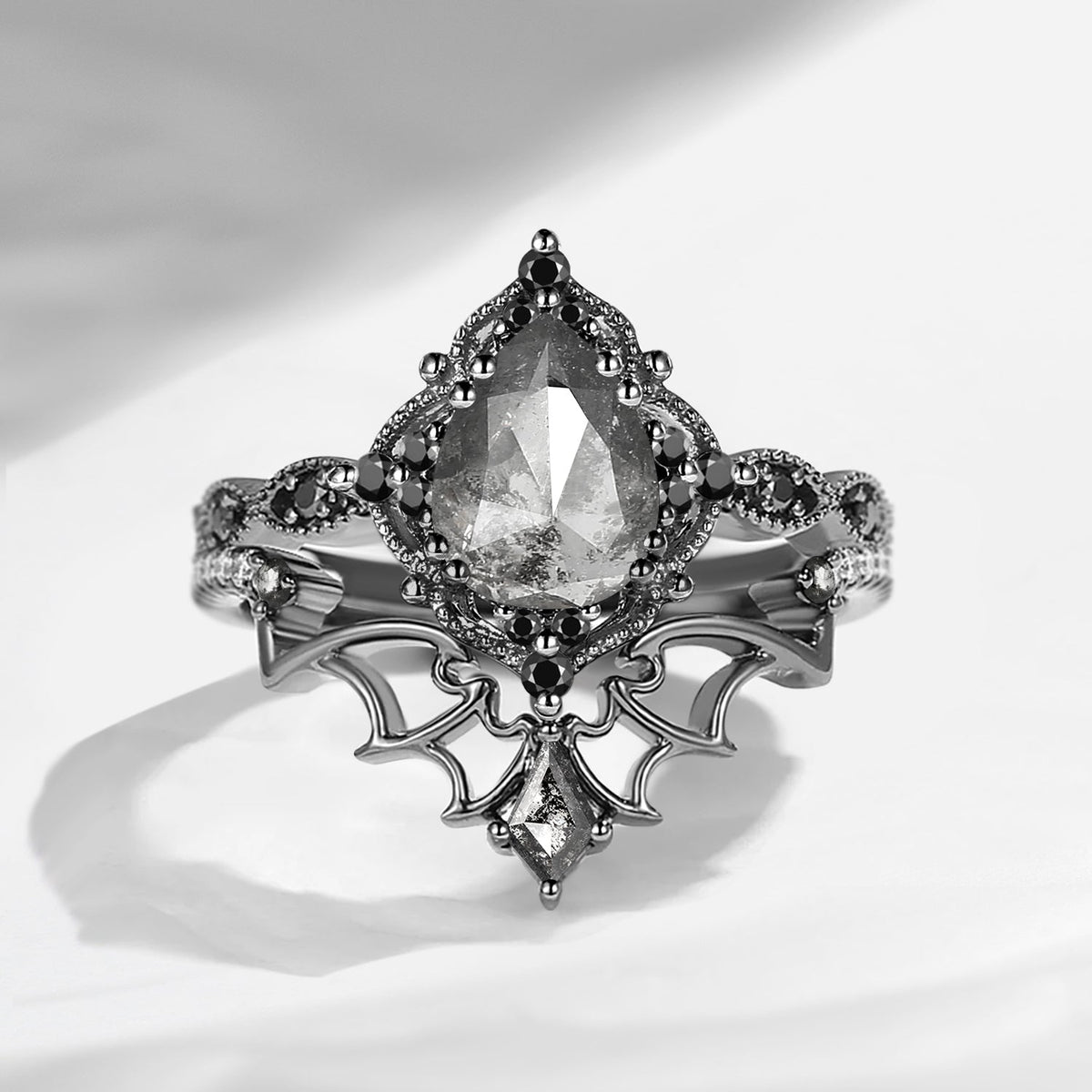 Gothic Inspired 'Dark Romance' Pear Cut Garnet Black Gold Engagement Ring Set 2pcs