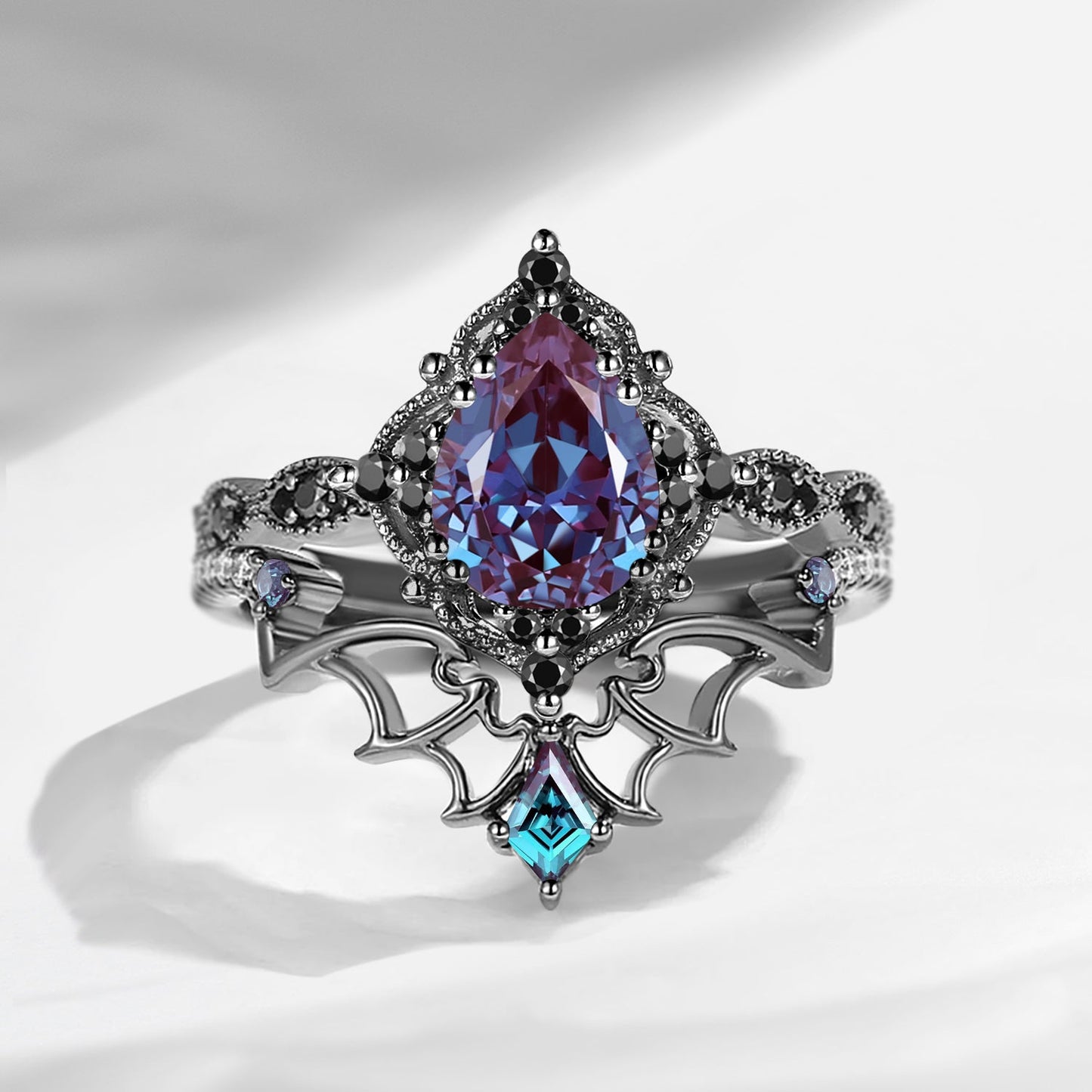 Gothic Inspired 'Dark Romance' Pear Cut Garnet Black Gold Engagement Ring Set 2pcs