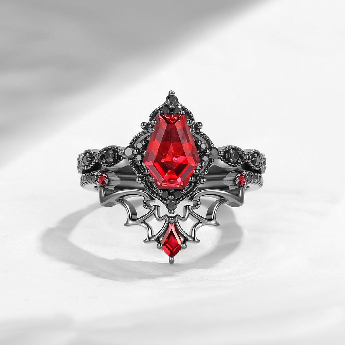 'Dark Romance' - Gothic Coffin Cut Amethyst Engagement Ring Set with Bat Wings in Black Gold