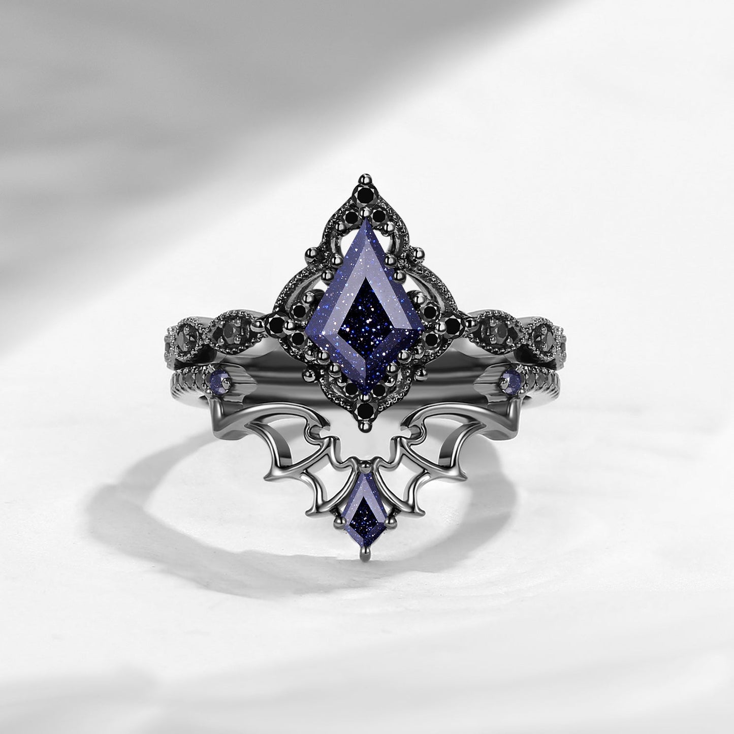 Gothic Inspired 'Dark Romance' Kite Cut Garnet Black Gold Engagement Ring Set 2pcs