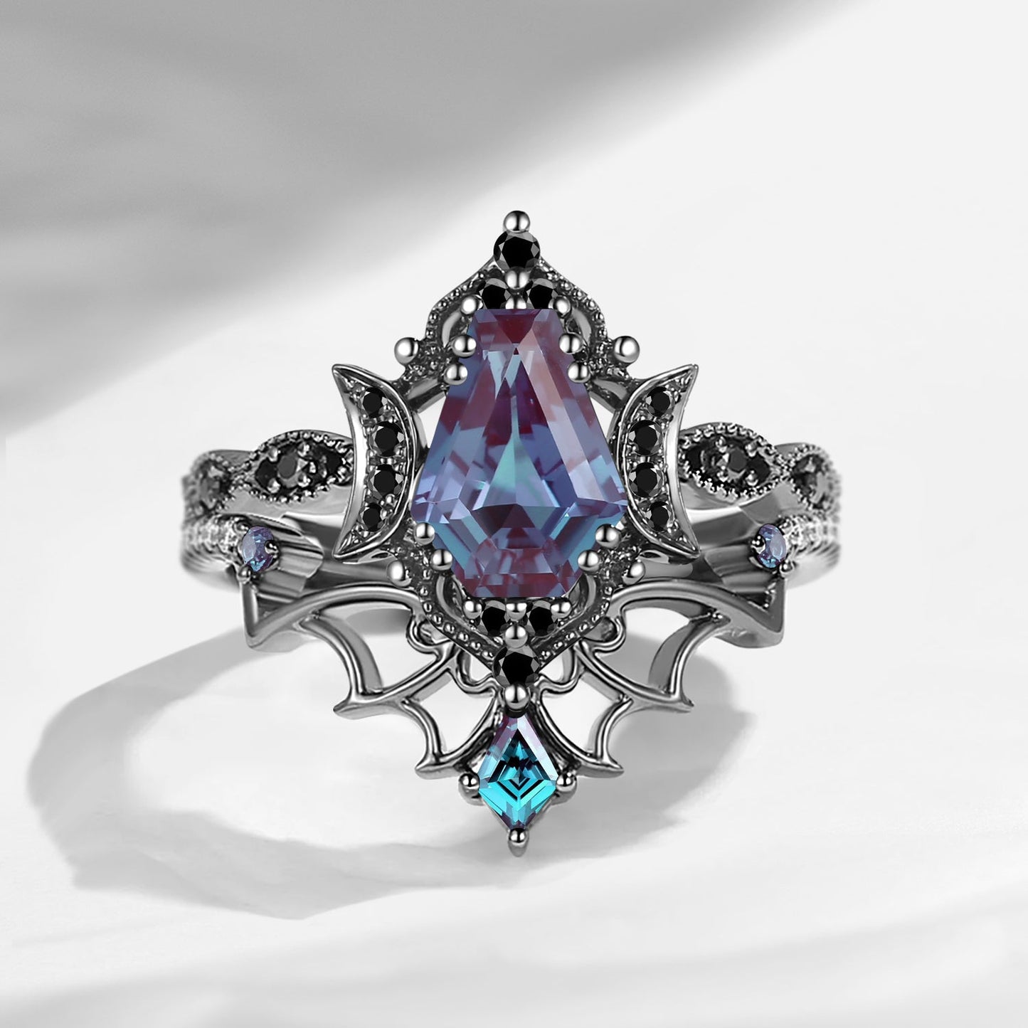 Crescent Moon | Vintage Inspired Coffin Cut Garnet Black Gold Engagement Ring Set 2pcs