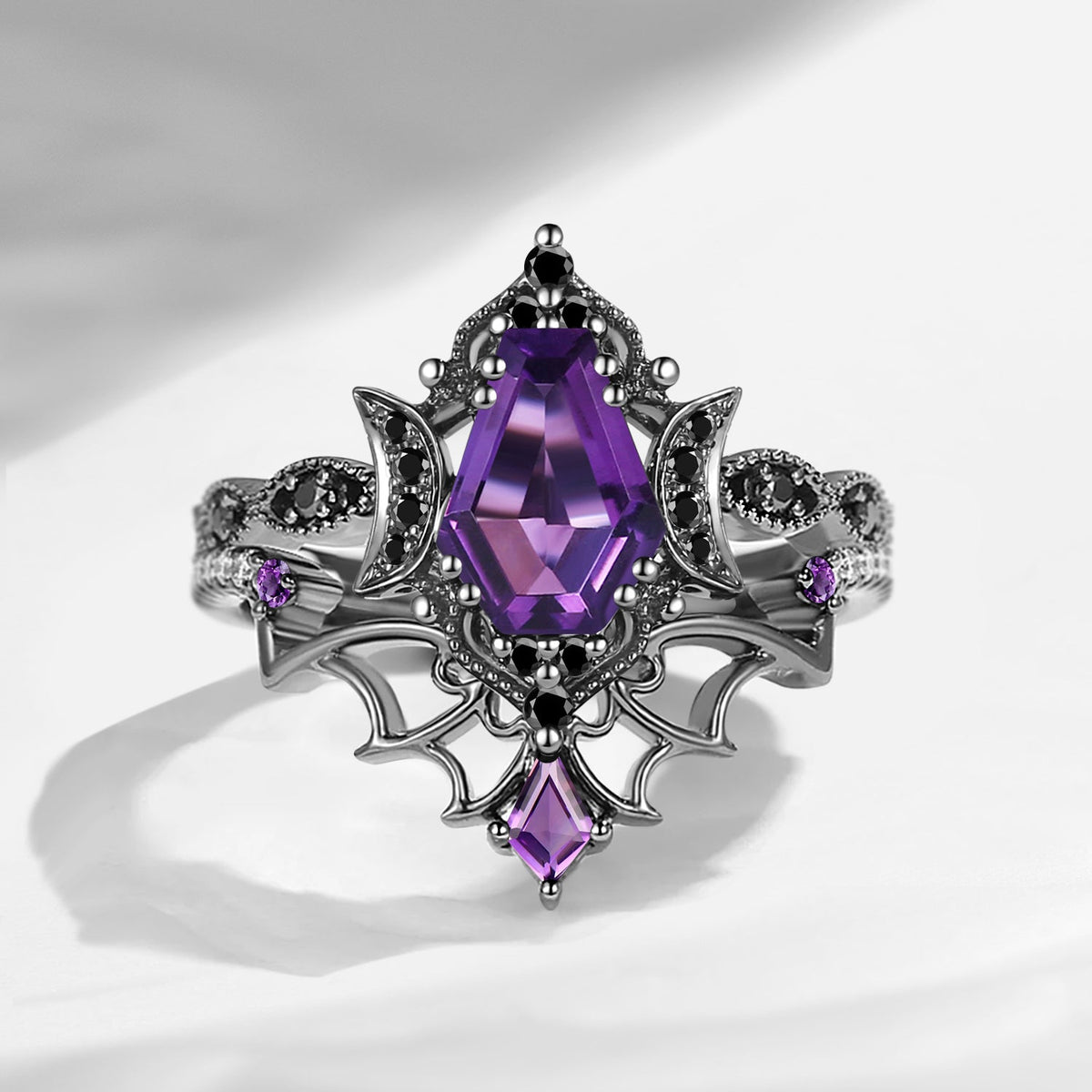 Crescent Moon | Vintage Inspired Coffin Cut Garnet Black Gold Engagement Ring Set 2pcs