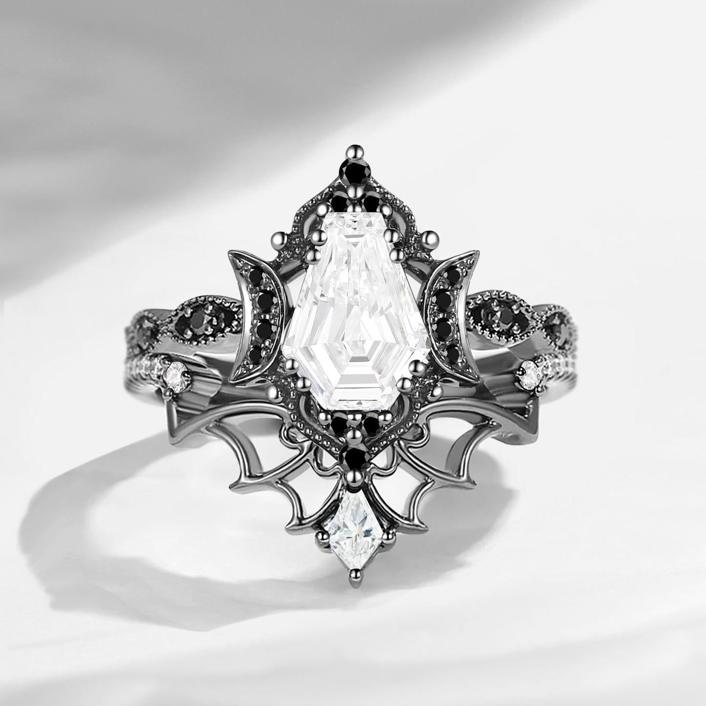 Crescent Moon | Vintage Inspired Coffin Cut Garnet Black Gold Engagement Ring Set 2pcs