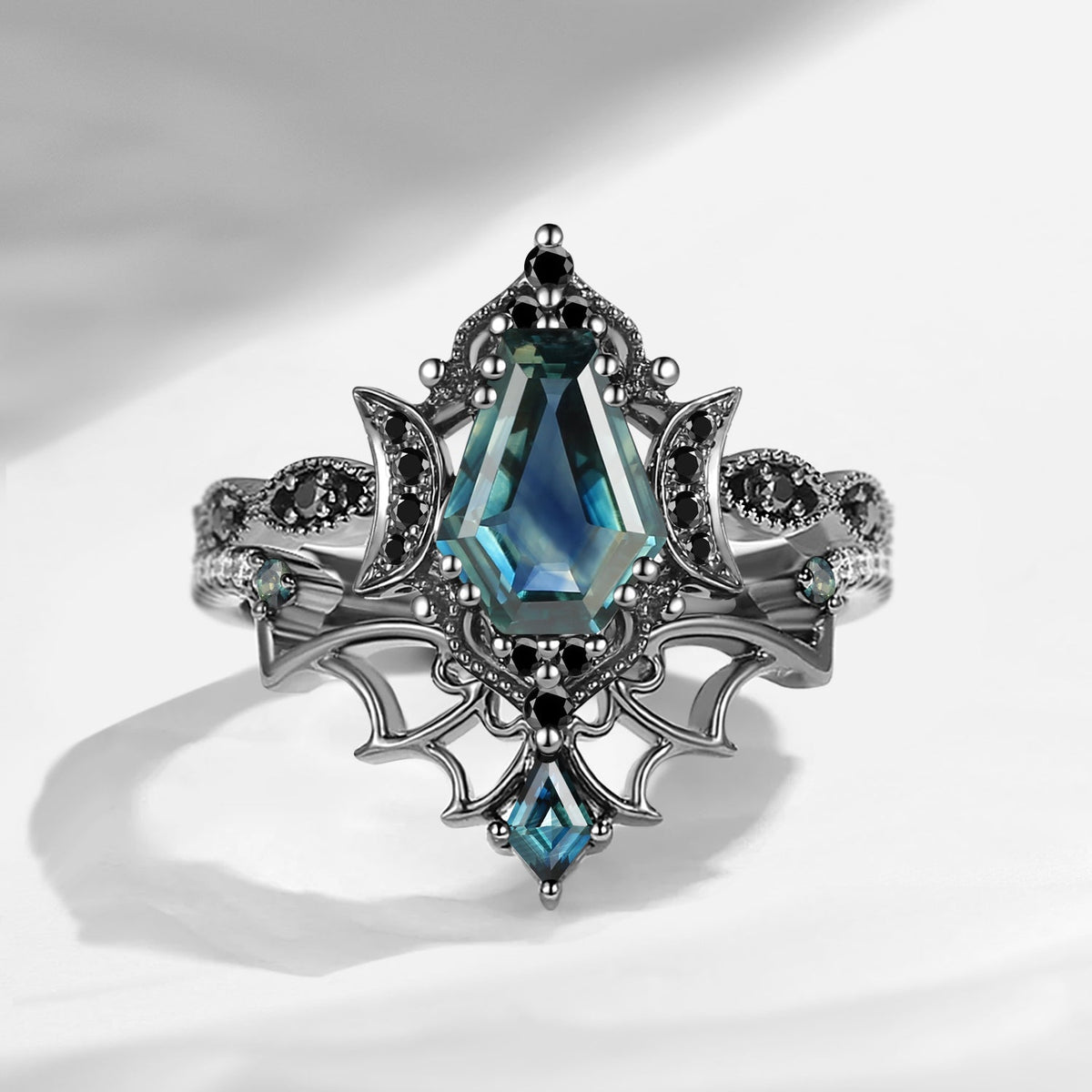 Crescent Moon | Vintage Inspired Coffin Cut Garnet Black Gold Engagement Ring Set 2pcs
