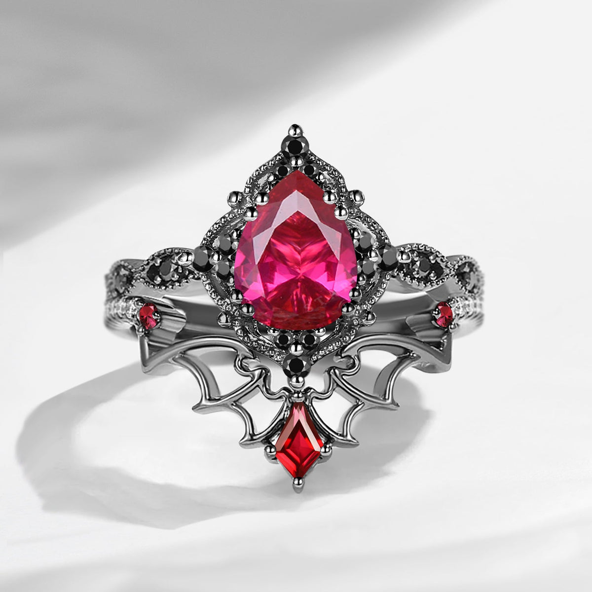 Gothic Inspired 'Dark Romance' Pear Cut Garnet Black Gold Engagement Ring Set 2pcs