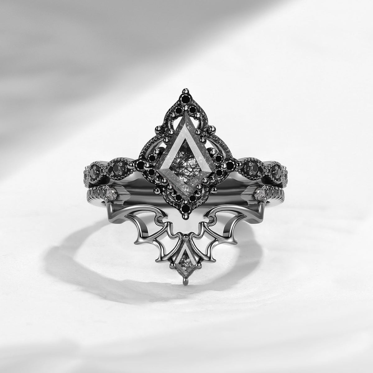 Gothic Inspired 'Dark Romance' Kite Cut Garnet Black Gold Engagement Ring Set 2pcs