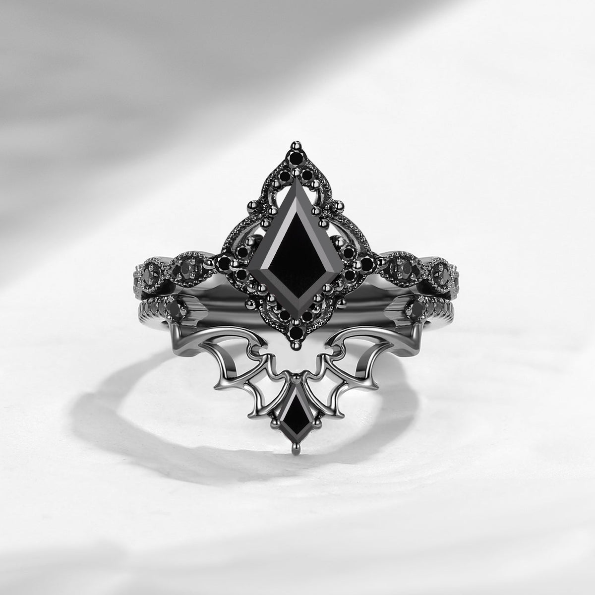 Gothic Inspired 'Dark Romance' Kite Cut Garnet Black Gold Engagement Ring Set 2pcs