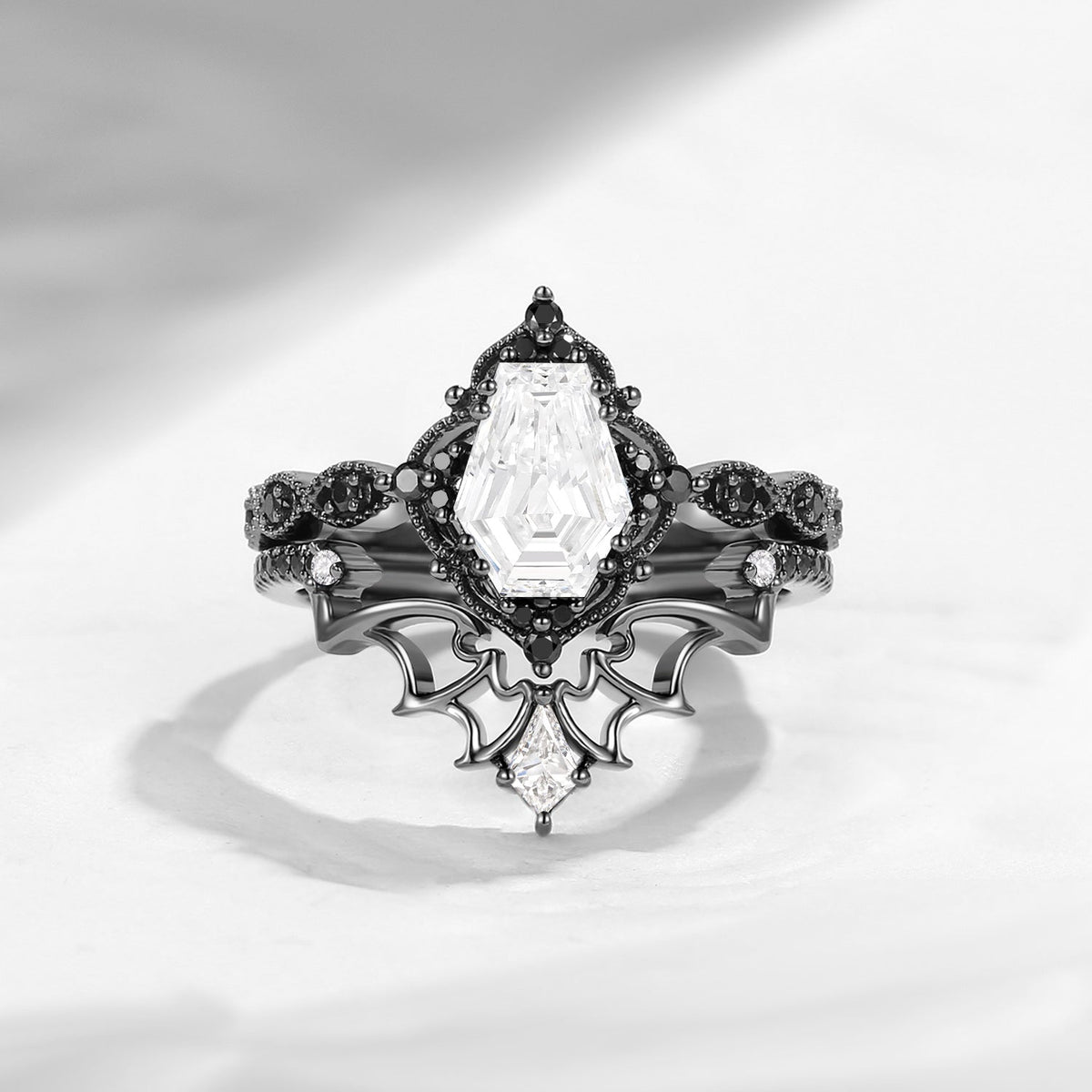 'Dark Romance' - Gothic Coffin Cut Amethyst Engagement Ring Set with Bat Wings in Black Gold