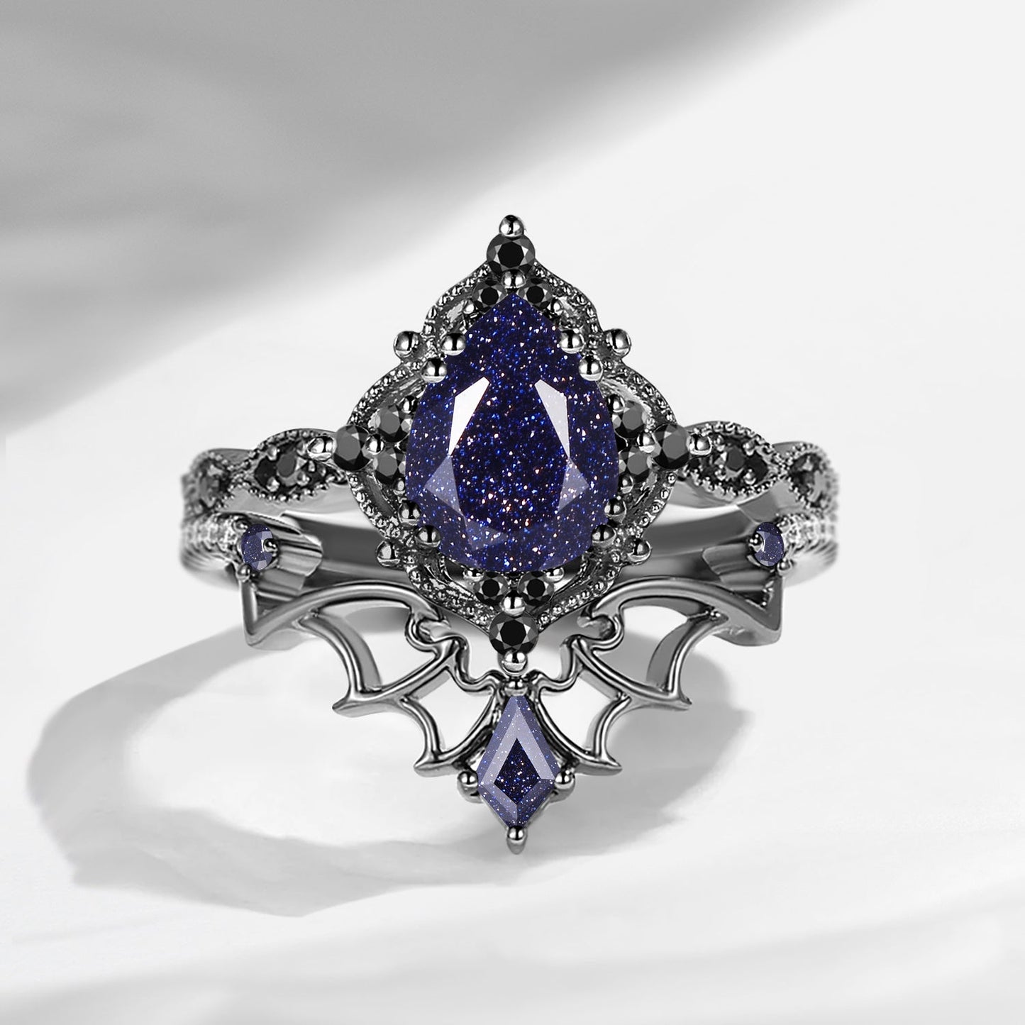 Gothic Inspired 'Dark Romance' Pear Cut Garnet Black Gold Engagement Ring Set 2pcs