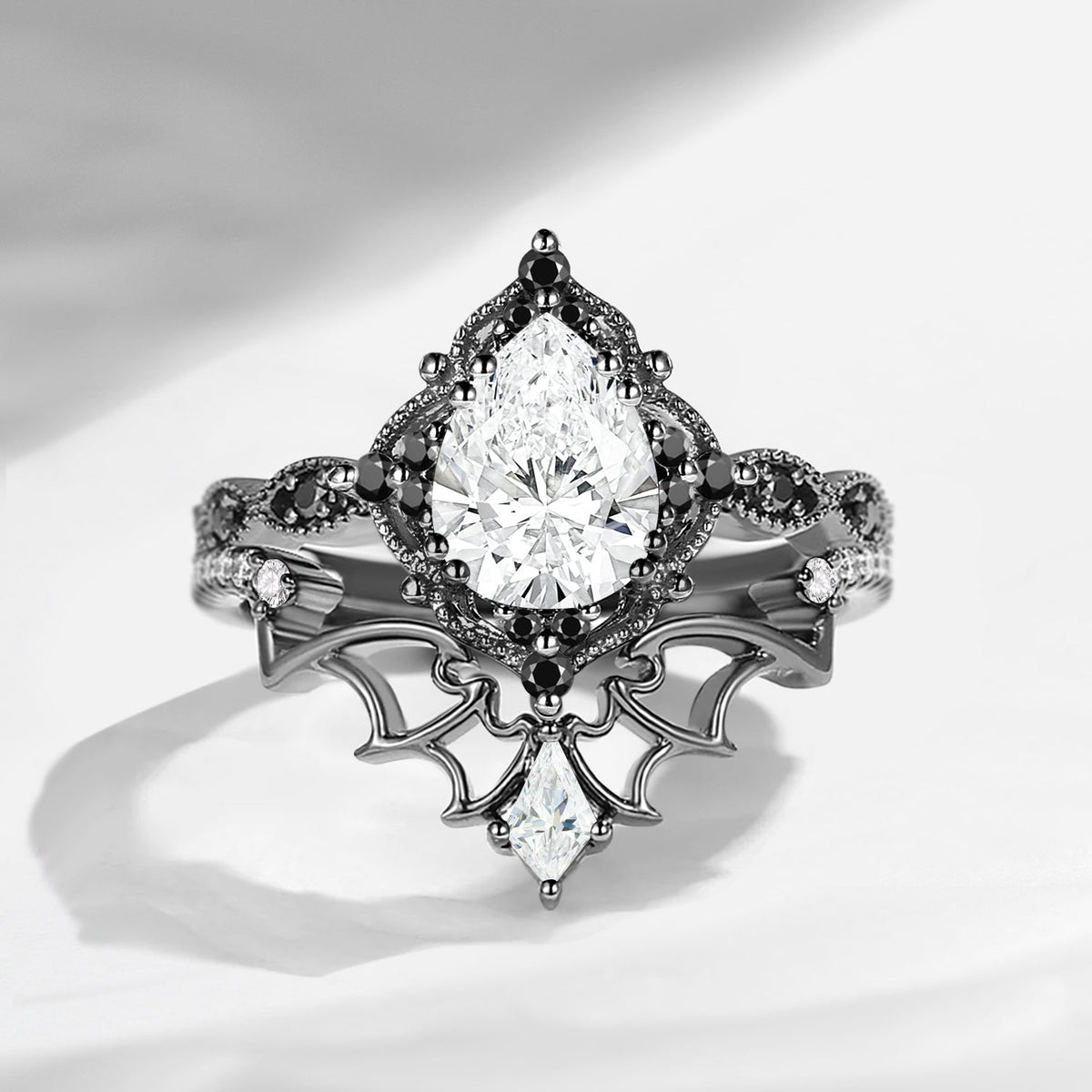 Gothic Inspired 'Dark Romance' Pear Cut Garnet Black Gold Engagement Ring Set 2pcs