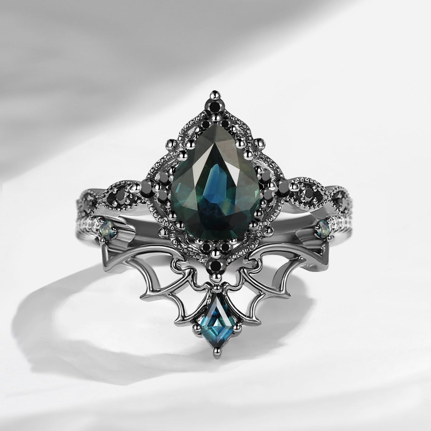 Gothic Inspired 'Dark Romance' Pear Cut Garnet Black Gold Engagement Ring Set 2pcs