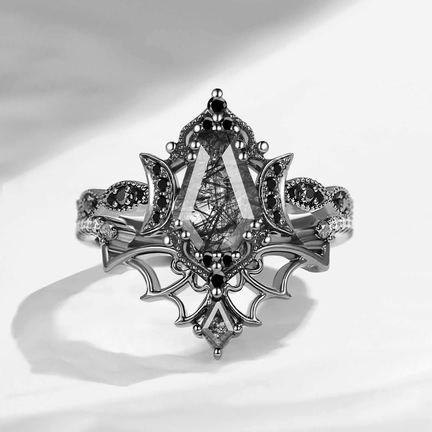 Crescent Moon | Vintage Inspired Coffin Cut Garnet Black Gold Engagement Ring Set 2pcs