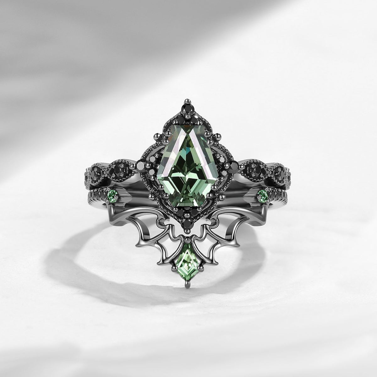 'Dark Romance' - Gothic Coffin Cut Amethyst Engagement Ring Set with Bat Wings in Black Gold