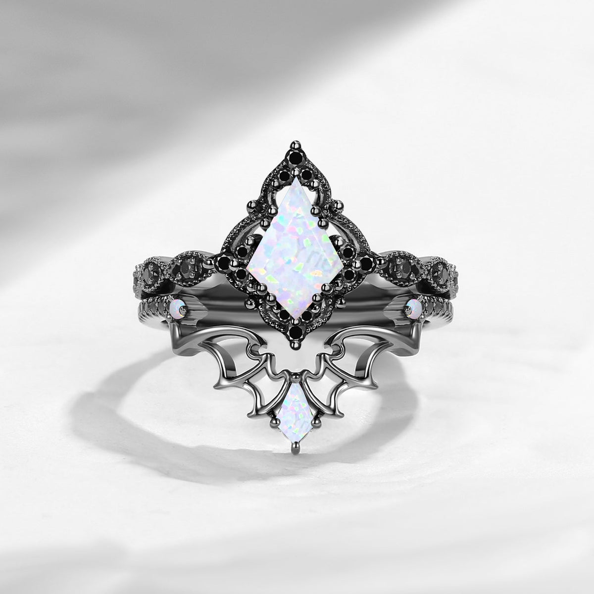 Gothic Inspired 'Dark Romance' Kite Cut Garnet Black Gold Engagement Ring Set 2pcs