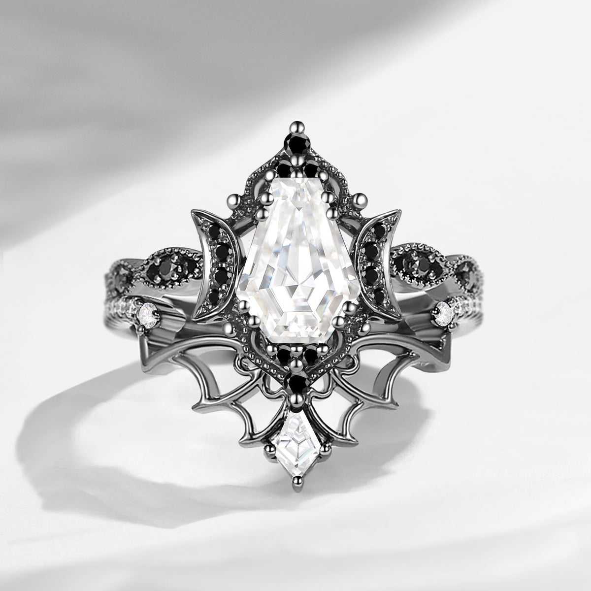 Crescent Moon | Vintage Inspired Coffin Cut Garnet Black Gold Engagement Ring Set 2pcs