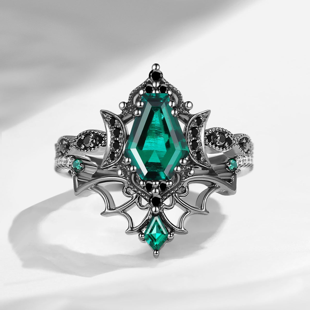Crescent Moon | Vintage Inspired Coffin Cut Garnet Black Gold Engagement Ring Set 2pcs