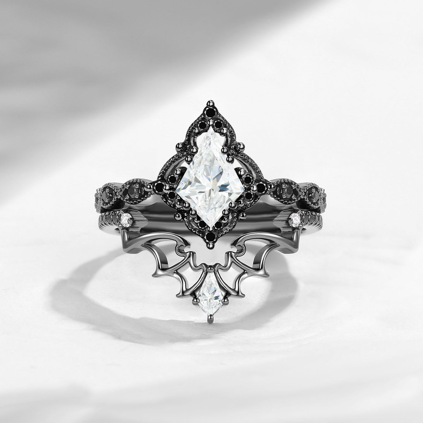Gothic Inspired 'Dark Romance' Kite Cut Lab Tsavorite Black Gold Engagement Ring Set 2pcs