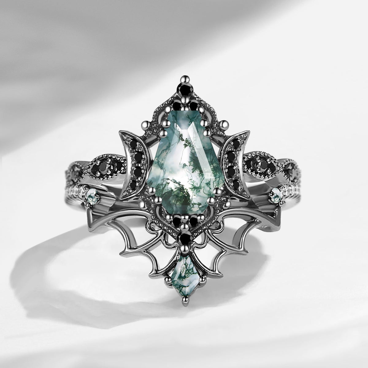 Crescent Moon | Vintage Inspired Coffin Cut Garnet Black Gold Engagement Ring Set 2pcs