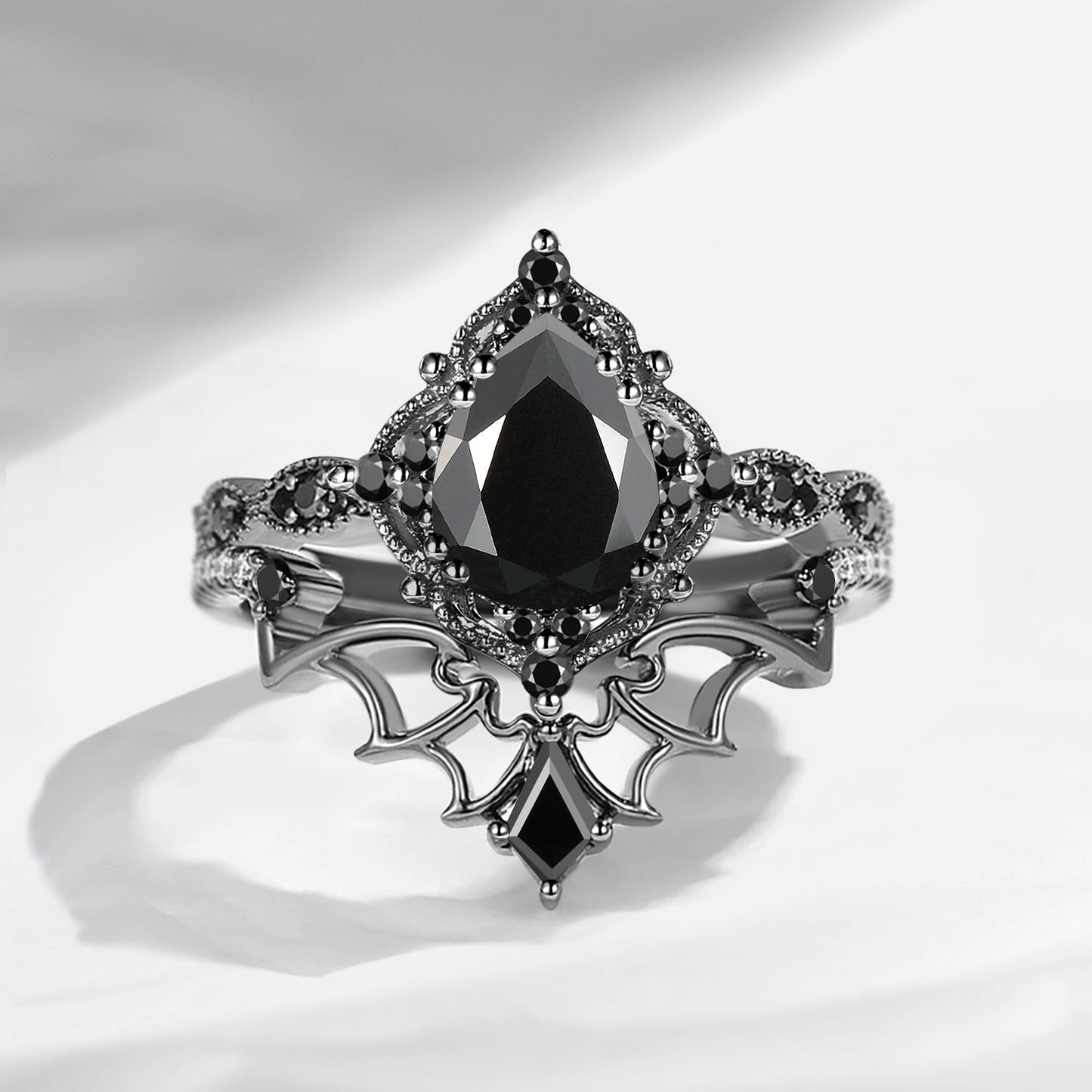 Gothic Inspired 'Dark Romance' Pear Cut Garnet Black Gold Engagement Ring Set 2pcs