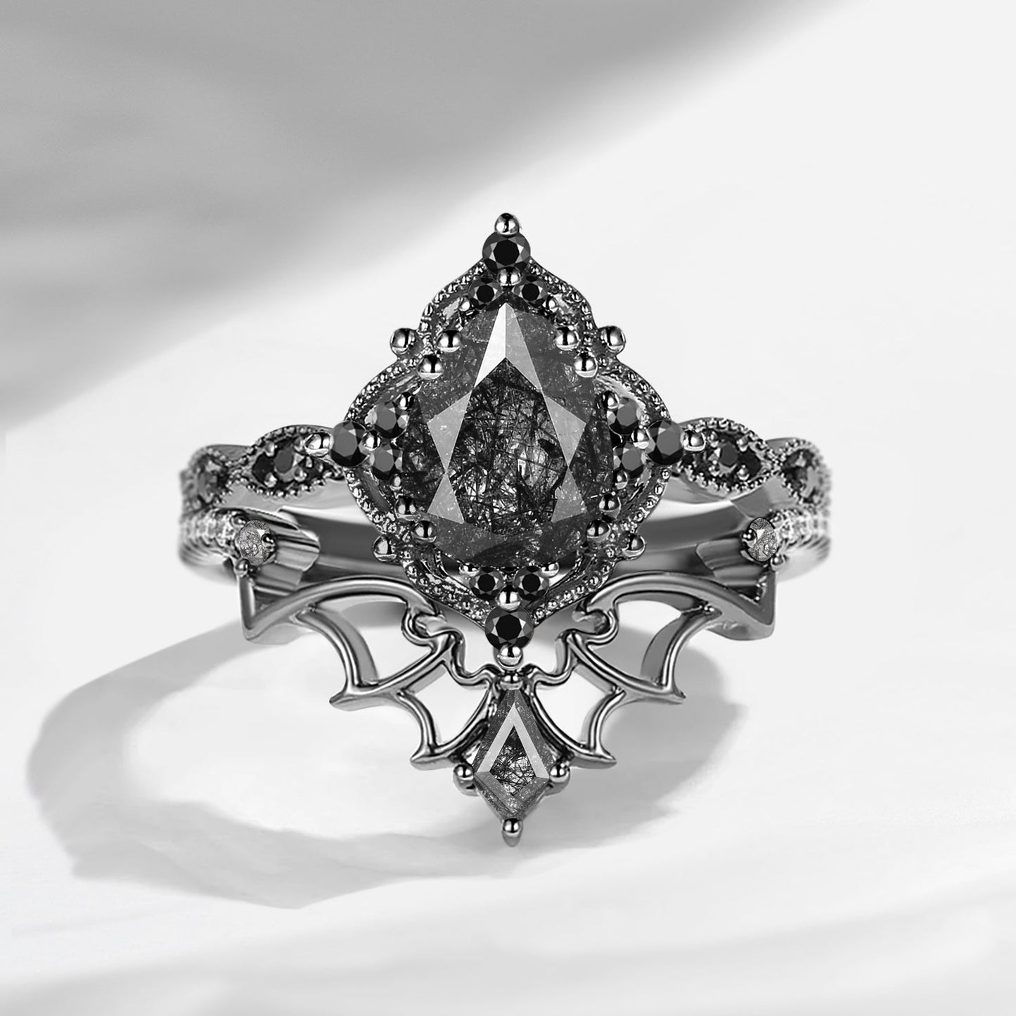 Gothic Inspired 'Dark Romance' Pear Cut Garnet Black Gold Engagement Ring Set 2pcs