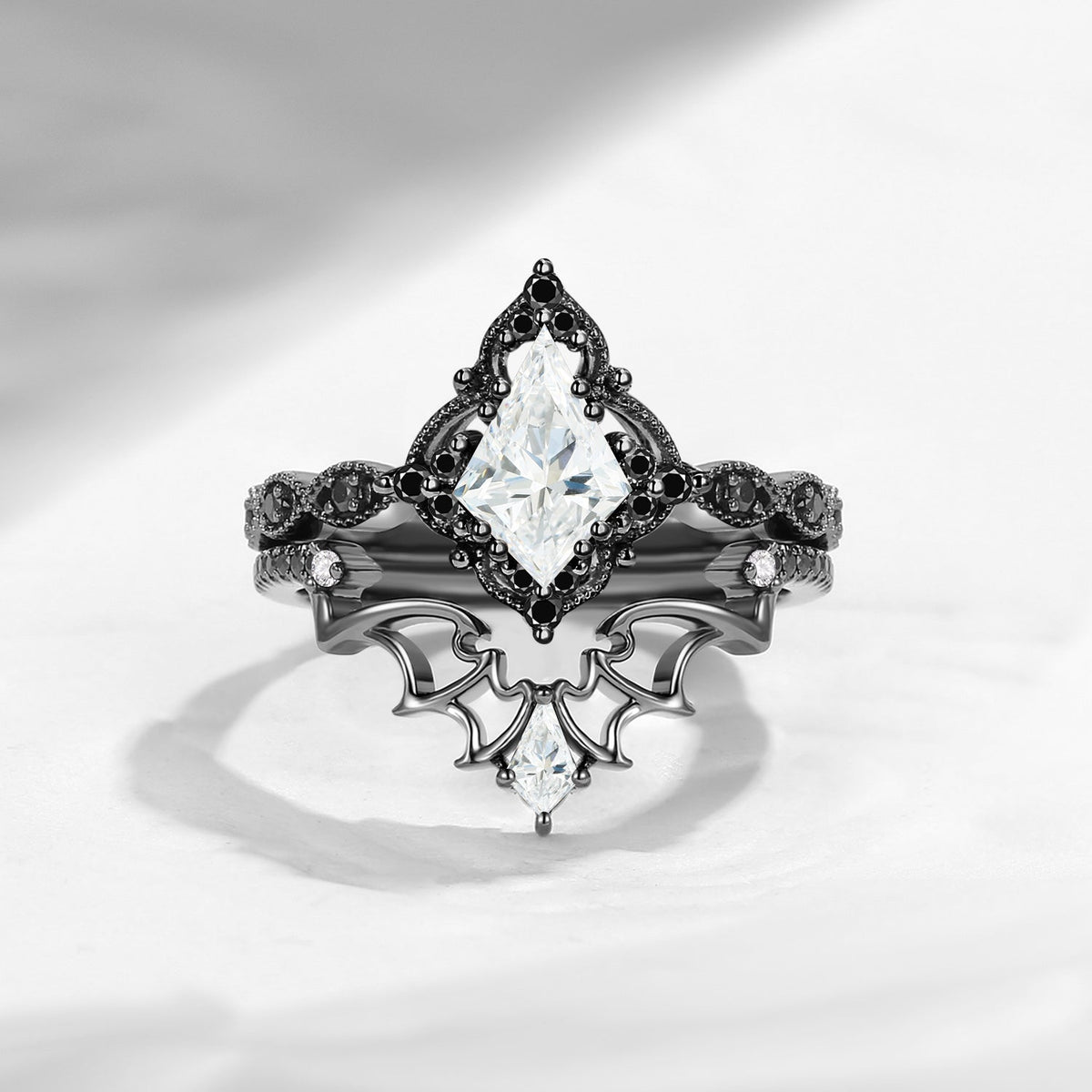 Gothic Inspired 'Dark Romance' Kite Cut Garnet Black Gold Engagement Ring Set 2pcs