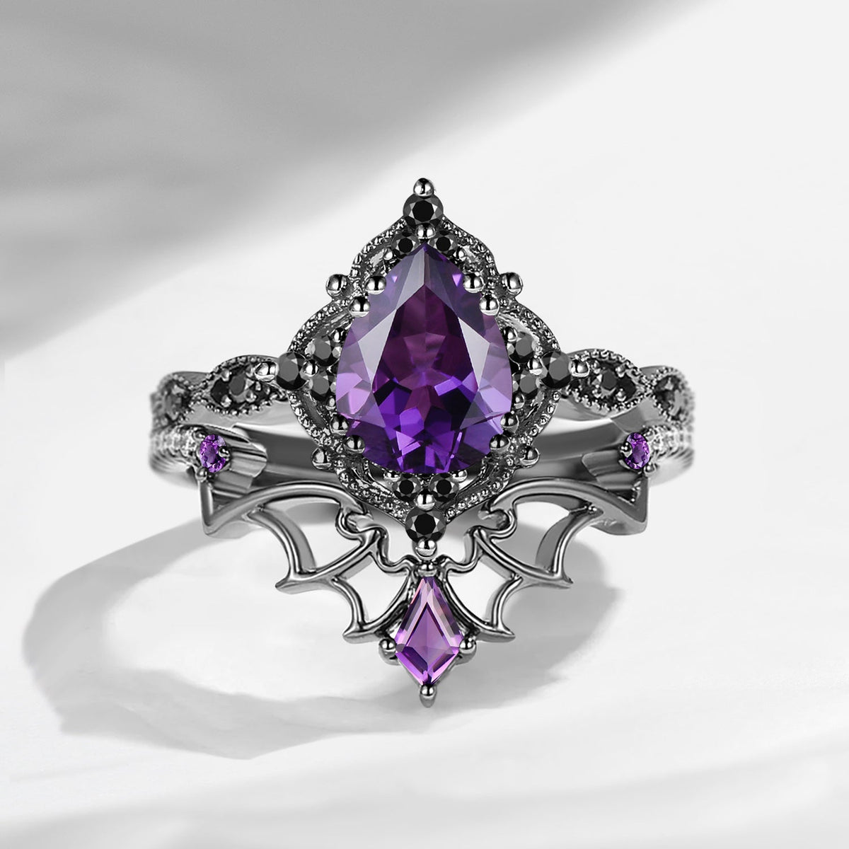 Gothic Inspired 'Dark Romance' Pear Cut Garnet Black Gold Engagement Ring Set 2pcs